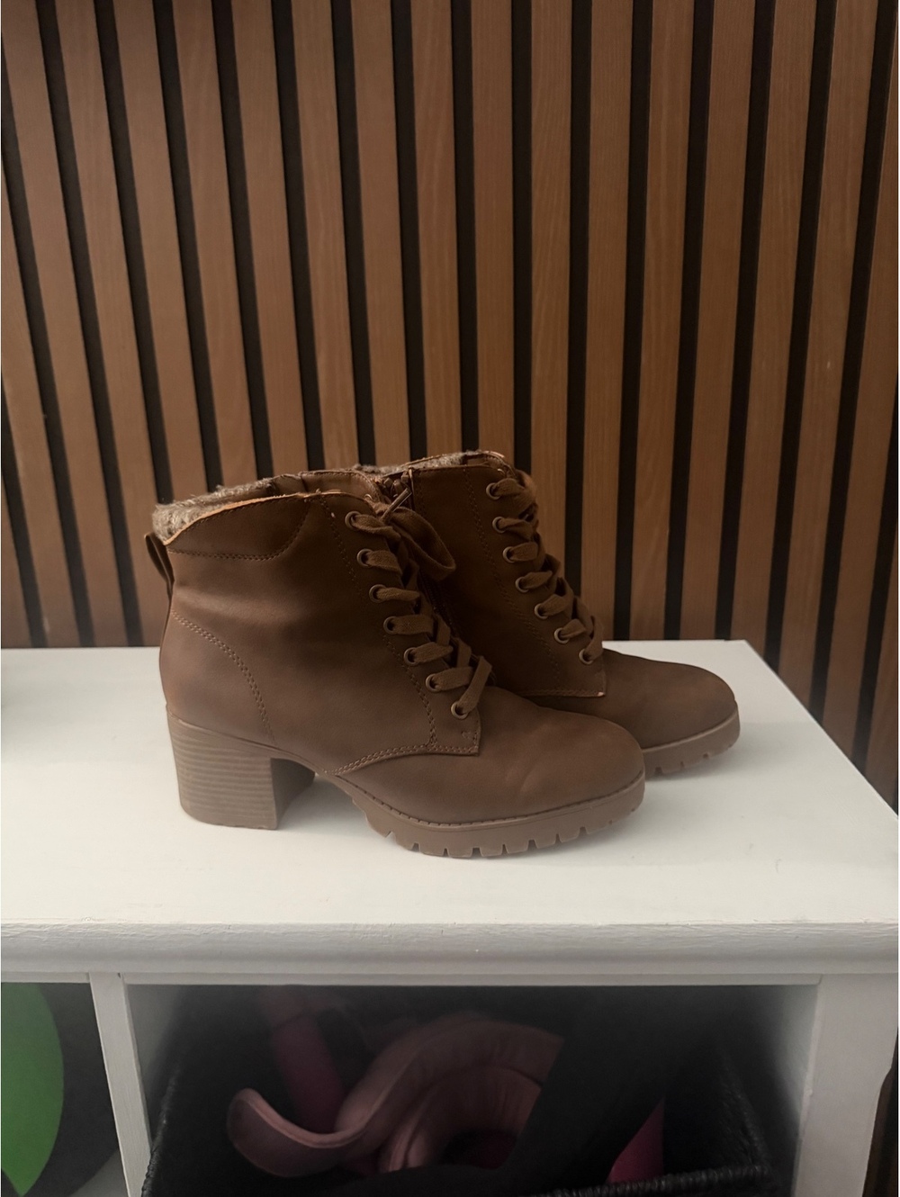 Brown Faux Leather Lace-Up Ankle Boots with Block Heel and Fur Lining